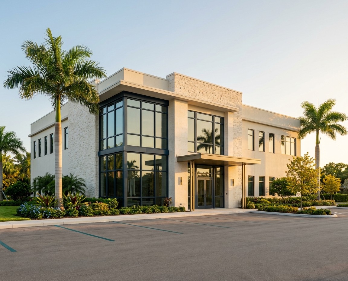 A modern two-story medical office building in South Florida at golden hour, with royal palms and a covered entrance